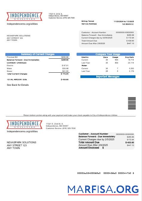 Blank USA Missouri Independence Utilities business utility bill template in Word and PDF formats